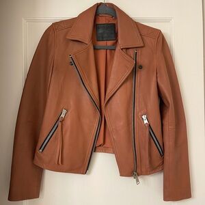 All Saints Daley Leather Biker Jacket in Brown Camel/Rust - Size 2